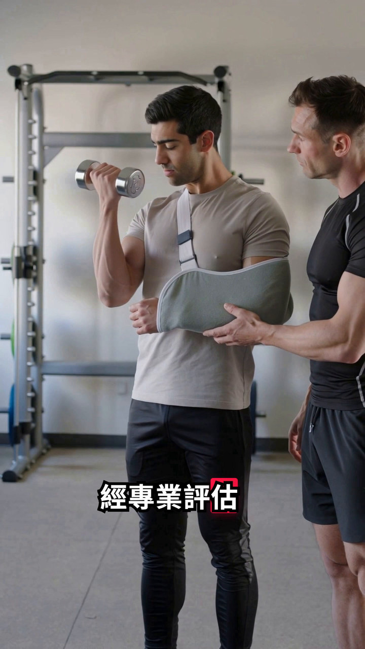 V14 訓練示意畫格:一人手臂固定、另一手做啞鈴彎舉,旁有人陪同。